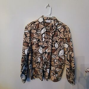 Alfred Dunner Floral Button Front Blouse Tan Brown Stretch Career Top 20